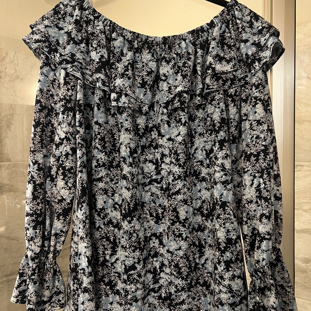 MICHAEL Michael Kors Black and Light Blue Floral Off-Shoulder Ruffle Blouse